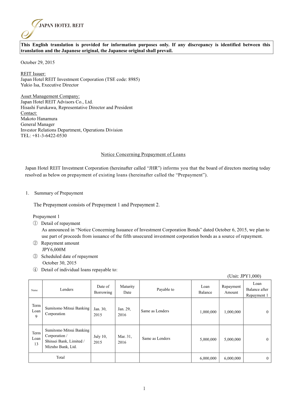 Notice Concerning Prepayment of Loans