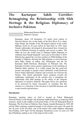 The Kartarpur Sahib Corridor- Reimagining the Relationship with Sikh Heritage & the Religious Diplomacy of Inclusive Pakistan