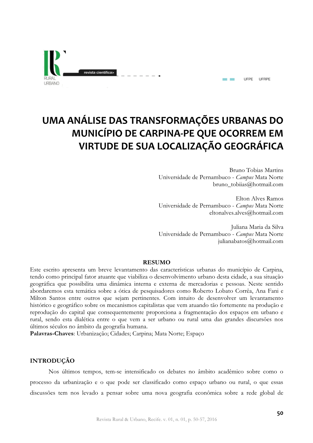 Uma Análise Das Transformações Urbanas Do Município De Carpina/PE Que Ocorrem Em Virtude De Sua Localização Geográfica