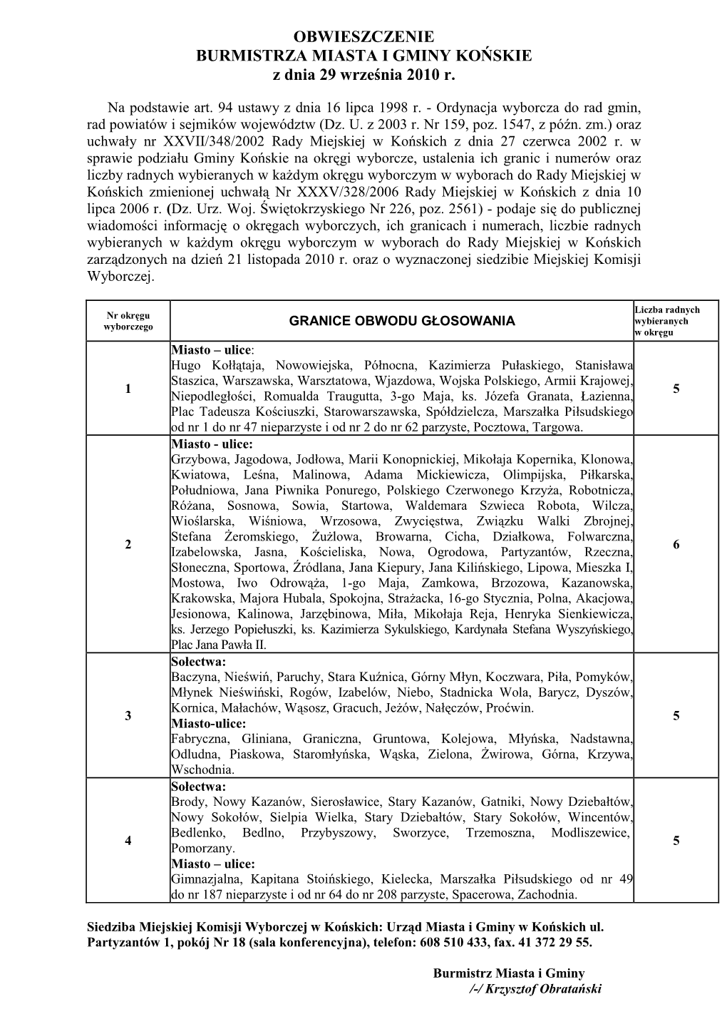 OBWIESZCZENIE BURMISTRZA MIASTA I GMINY KOŃSKIE Z Dnia