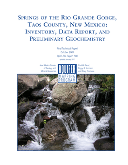 Springs of the Rio Grande Gorge, Taos County, New Mexico: Inventory, Data Report, and Preliminary Geochemistry
