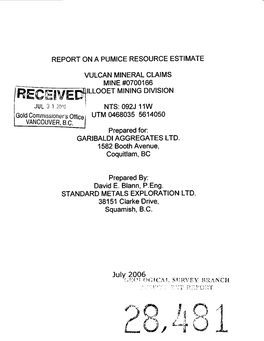 Report on a Pumice Resource Estimate Vulcan Mineral
