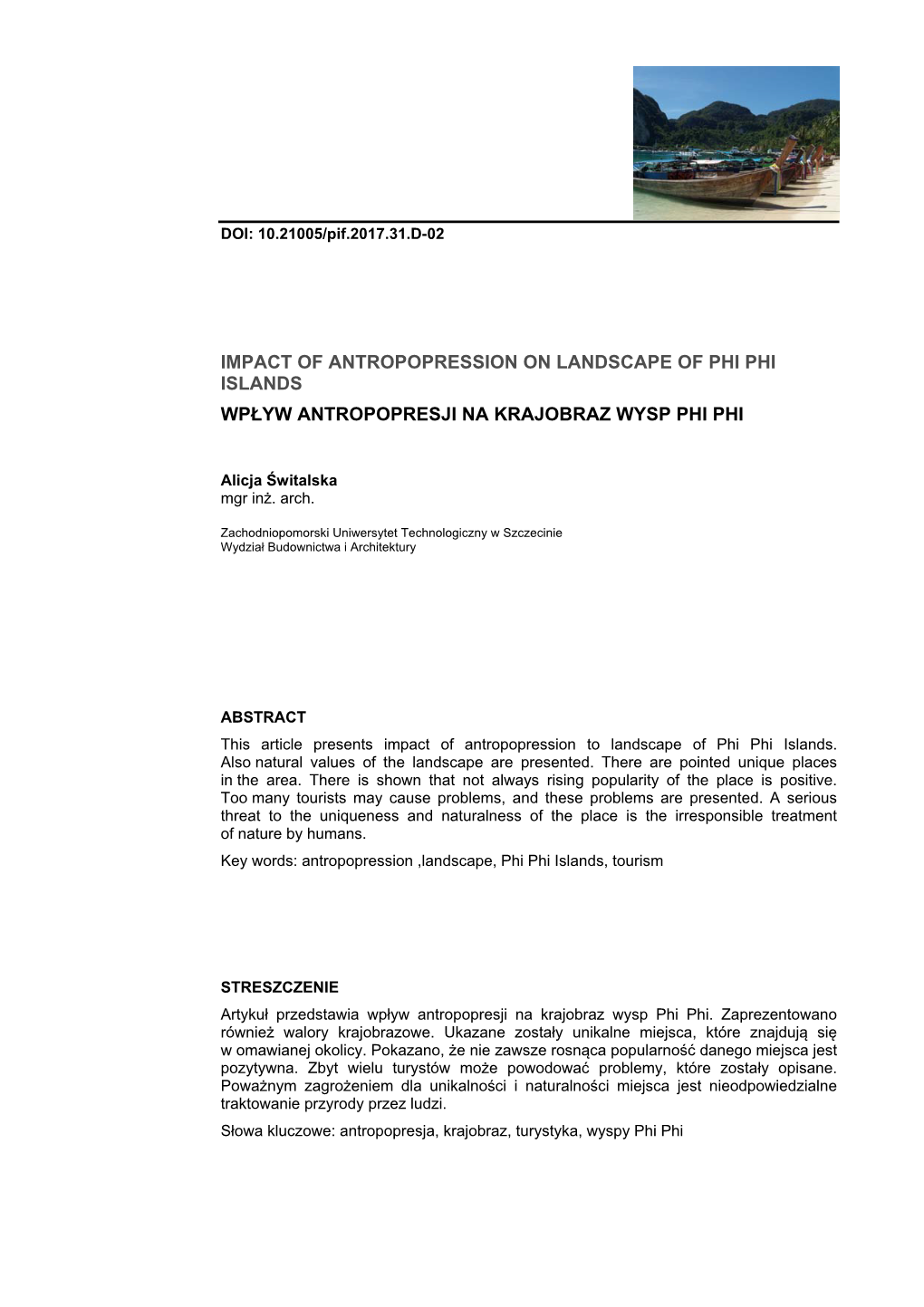 Impact of Antropopression on Landscape of Phi Phi Islands Wpływ Antropopresji Na Krajobraz Wysp Phi Phi