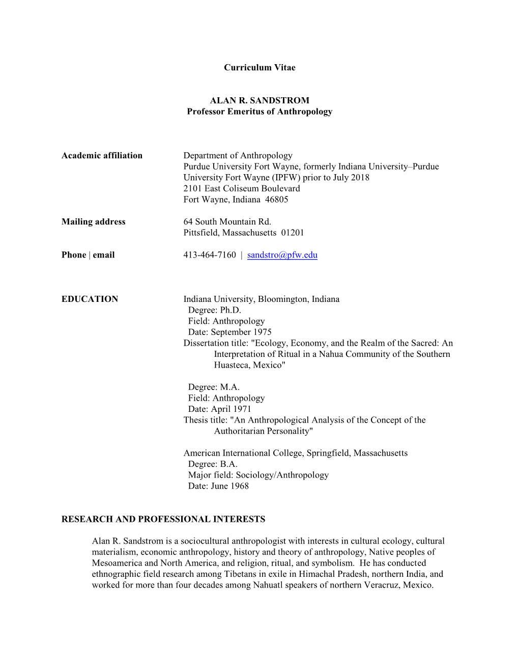 Curriculum Vitae ALAN R. SANDSTROM Professor Emeritus - DocsLib