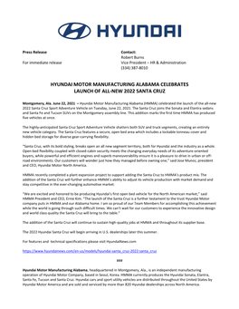 Hyundai Motor Manufacturing Alabama Celebrates Launch of All-New 2022 Santa Cruz