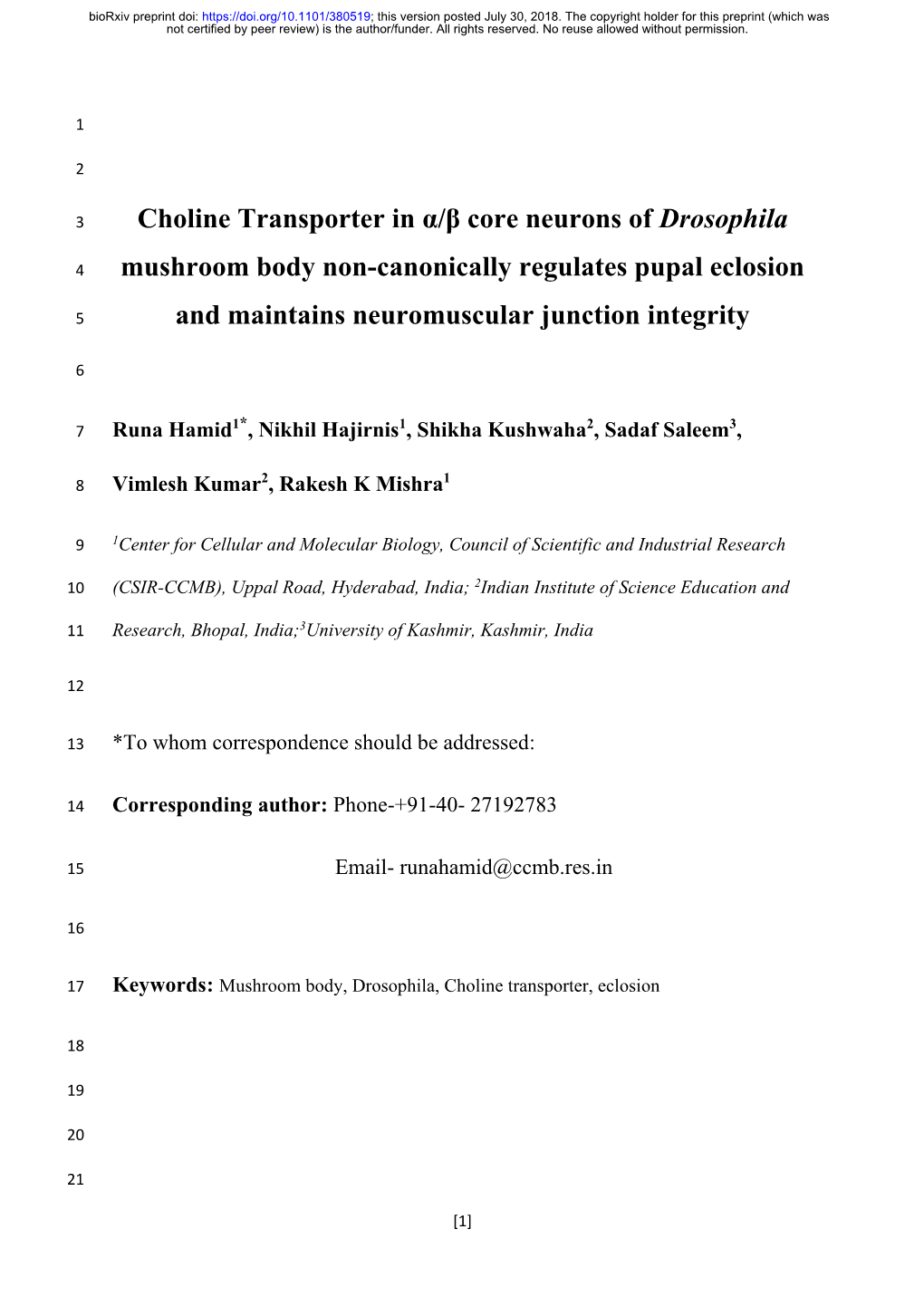 Choline Transporter in Α/Β Core Neurons of Drosophila Mushroom