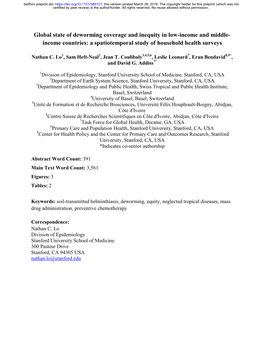 Global State of Deworming Coverage and Inequity in Low-Income and Middle- Income Countries: a Spatiotemporal Study of Household Health Surveys