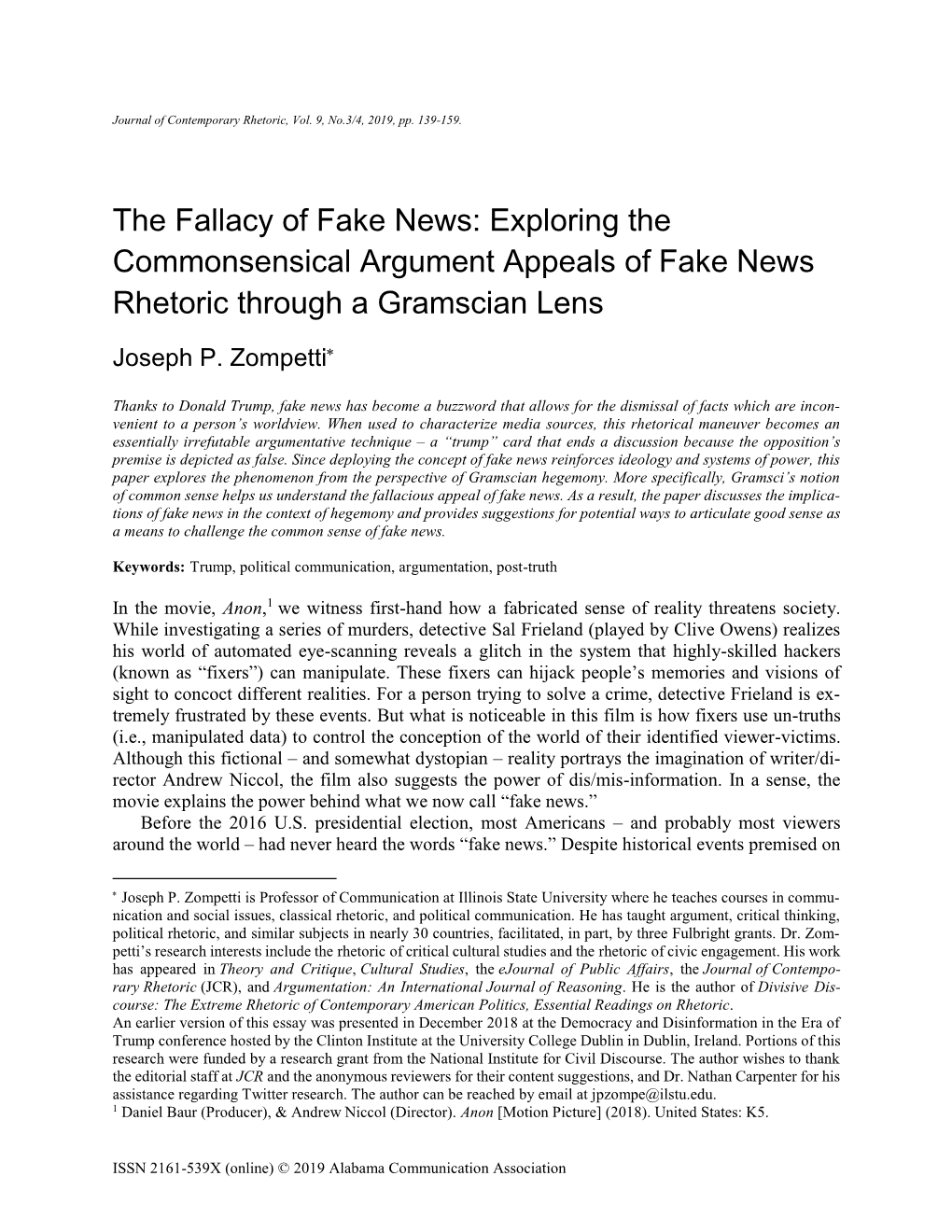 The Fallacy of Fake News: Exploring the Commonsensical Argument Appeals of Fake News Rhetoric Through a Gramscian Lens