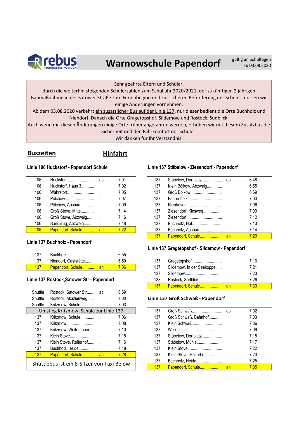 Warnowschule Papendorf Ab 03.08.2020