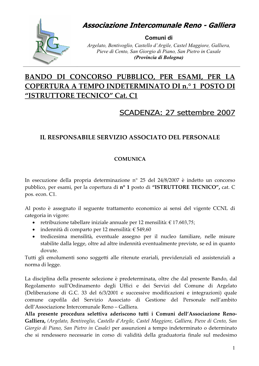 BANDO DI CONCORSO PUBBLICO, PER ESAMI, PER LA COPERTURA a TEMPO INDETERMINATO DI N.° 1 POSTO DI “ISTRUTTORE TECNICO” Cat