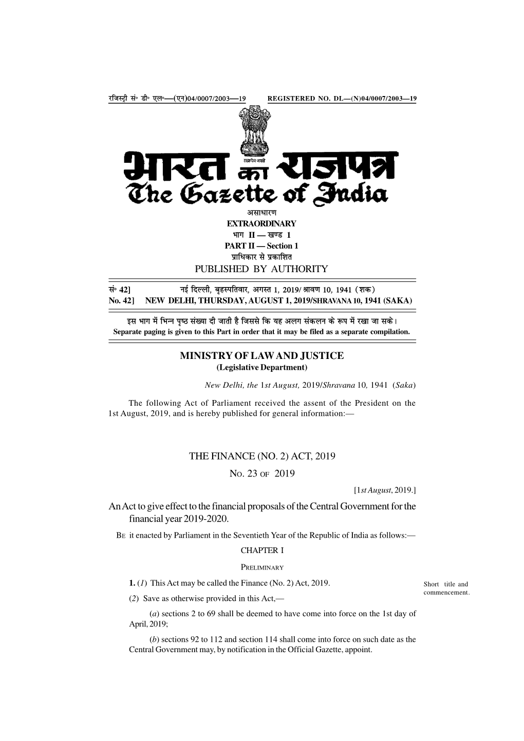 Finance Act, 2019 Is Hereby Repealed and Shall Be Deemed Never 7 of 2019