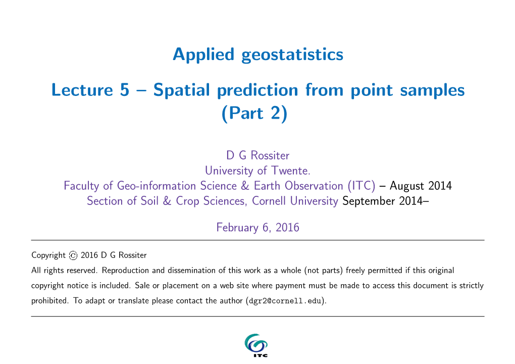 Applied Geostatistics Lecture 5 – Spatial Prediction from Point Samples (Part 2)