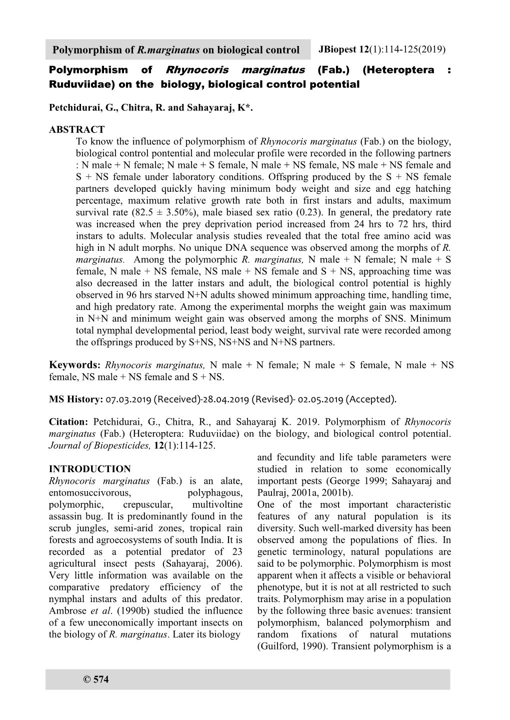 Polymorphism of R.Marginatus on Biological Control