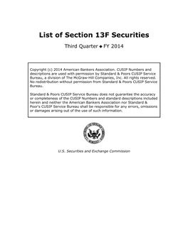 List of Section 13F Securities, Third Quarter 2014