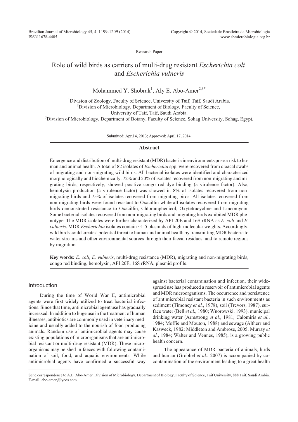 Role of Wild Birds As Carriers of Multi-Drug Resistant Escherichia Coli and Escherichia Vulneris