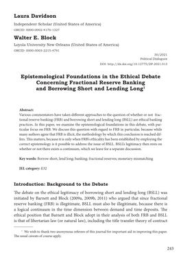 Laura Davidson Walter E. Block Epistemological Foundations in The