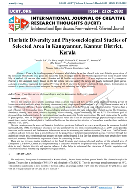 Floristic Diversity and Phytosociological Studies of Selected Area in Kanayannur, Kannur District, Kerala
