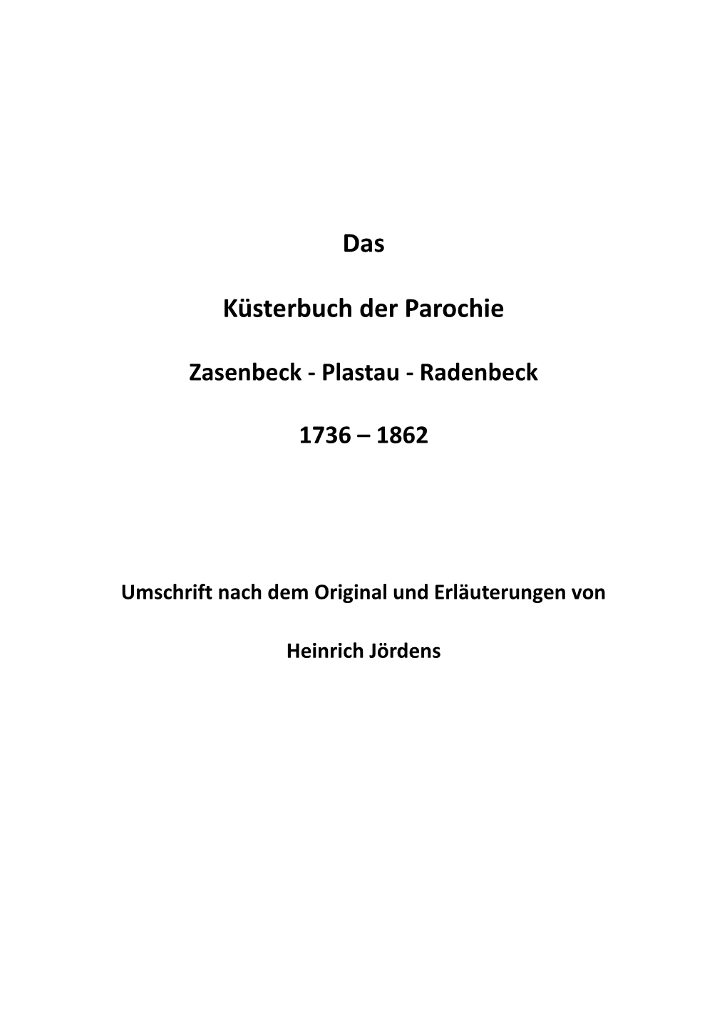 Das Küsterbuch Der Parochie Zasenbeck