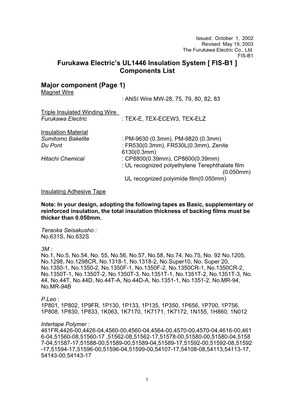 Furukawa Electric's UL1446 Insulation System [ FIS-B1 ] Components List Major Component (Page 1)