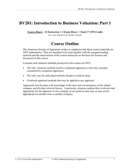 BV201: Introduction to Business Valuation