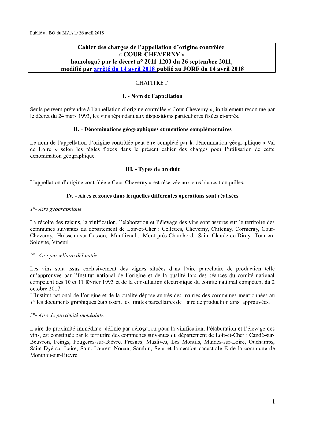 Cahier Des Charges De L'appellation D'origine Contrôlée Cour-Cheverny