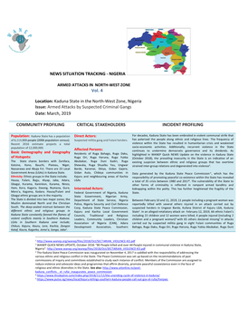 Kaduna State in the North-West Zone, Nigeria Issue: Armed Attacks by Suspected Criminal Gangs Date: March, 2019