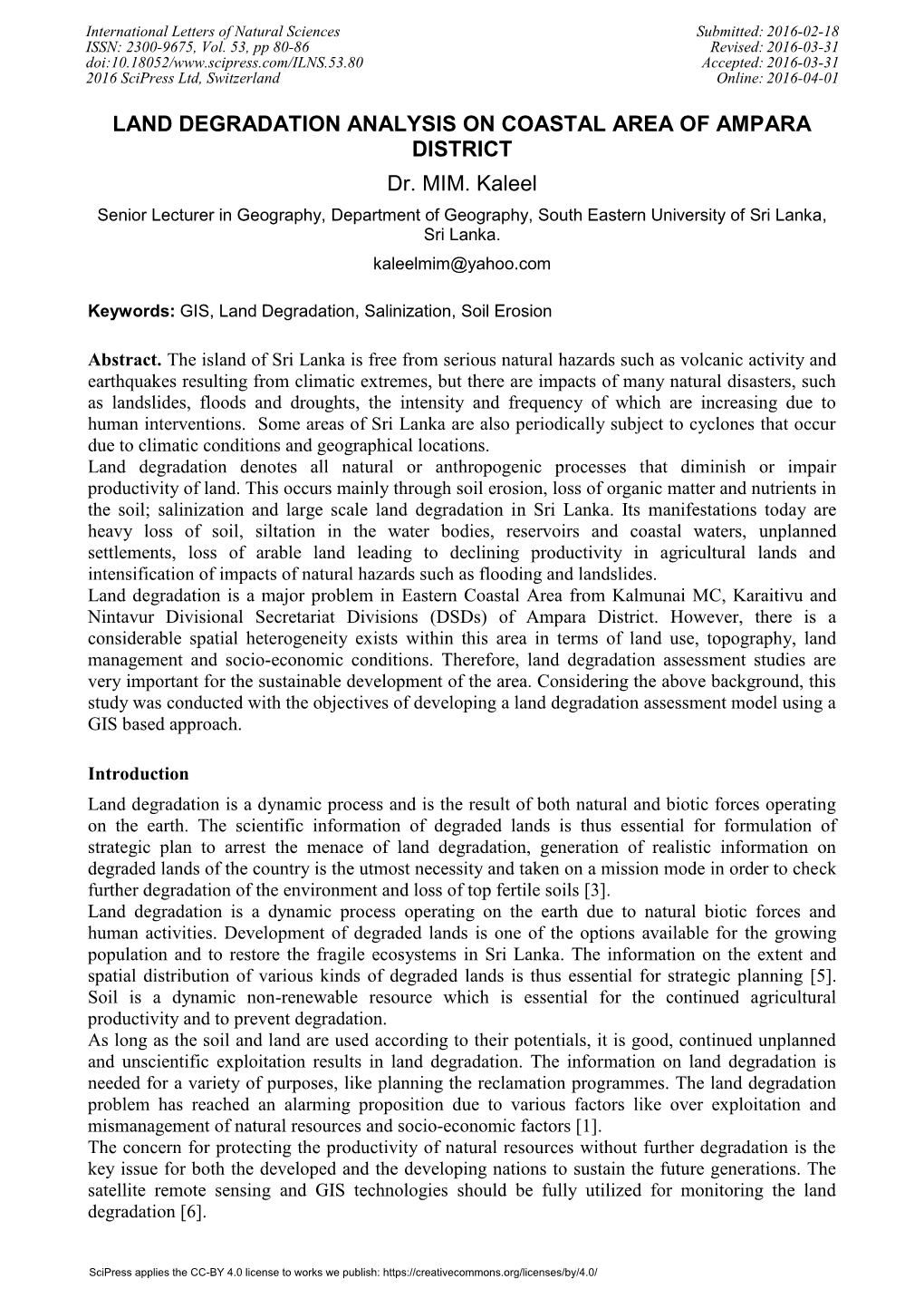 LAND DEGRADATION ANALYSIS on COASTAL AREA of AMPARA DISTRICT Dr