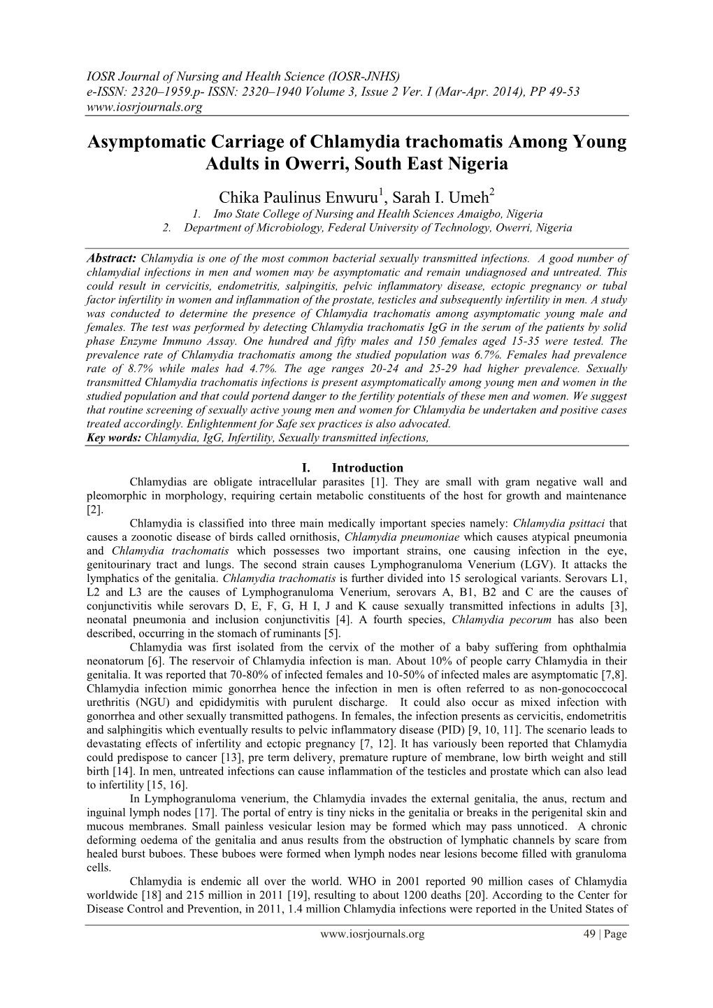 Asymptomatic Carriage of Chlamydia Trachomatis Among Young Adults in Owerri, South East Nigeria