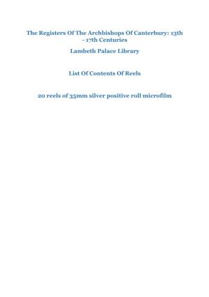 The Registers of the Archbishops of Canterbury: 13Th - 17Th Centuries Lambeth Palace Library