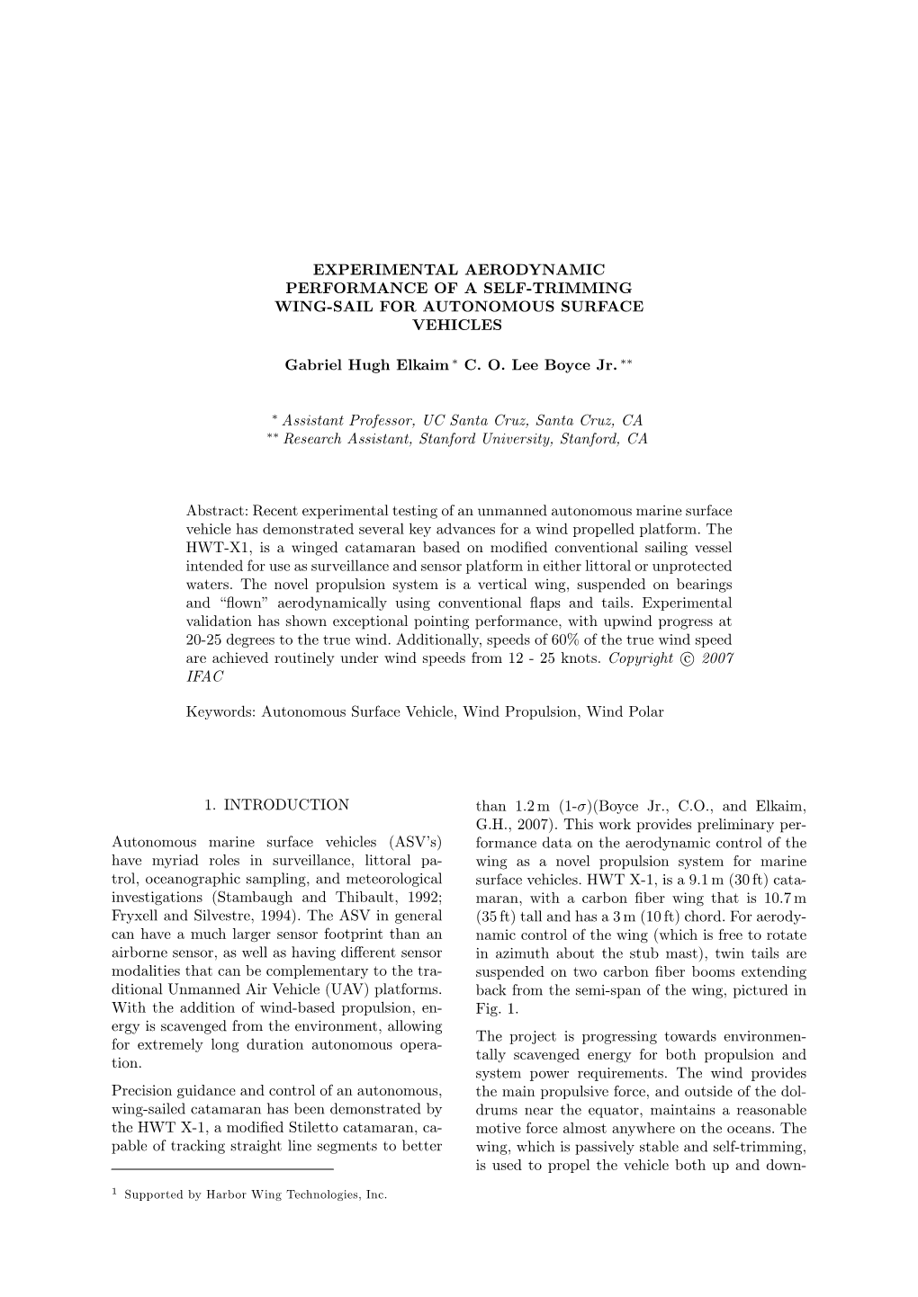 Experimental Aerodynamic Performance of a Self-Trimming Wing-Sail for Autonomous Surface Vehicles