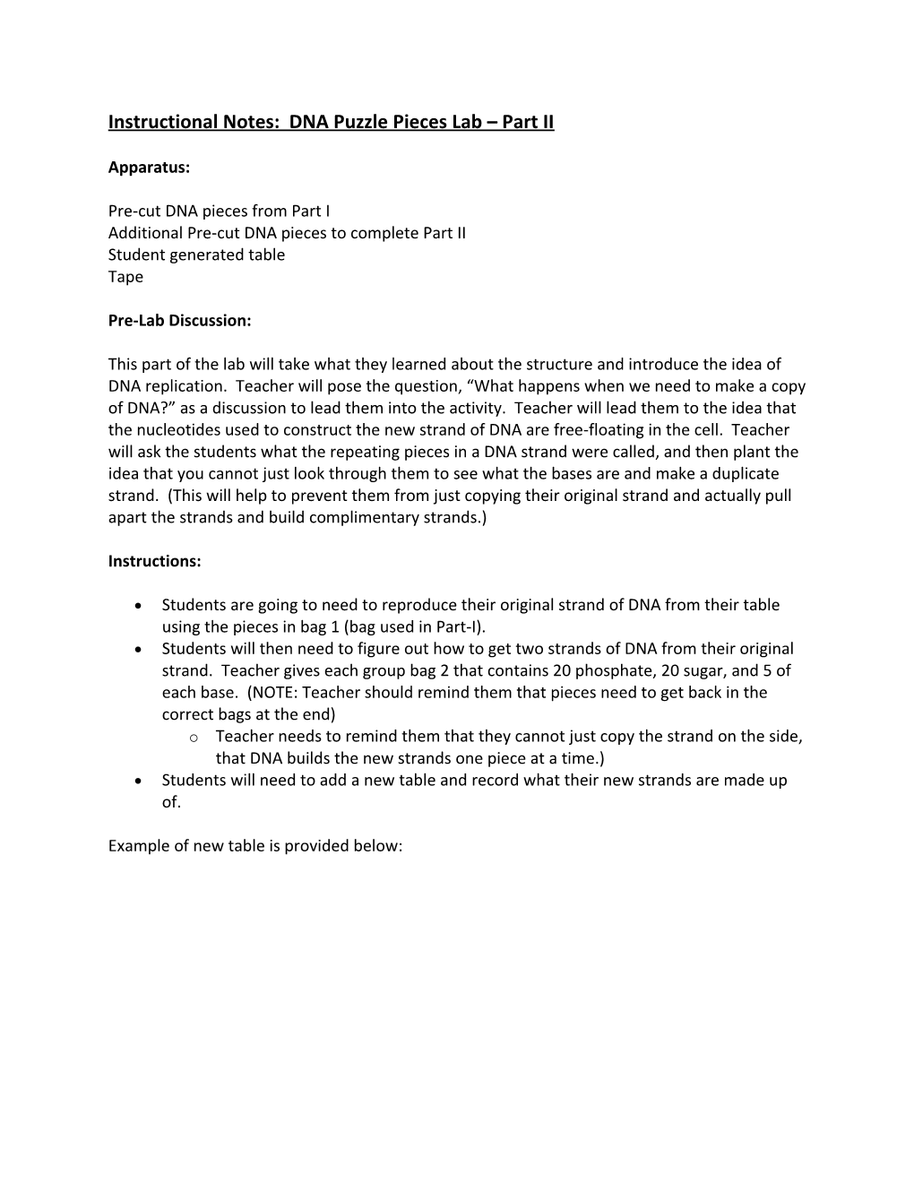 Instructional Notes: DNA Puzzle Pieces Lab Part II