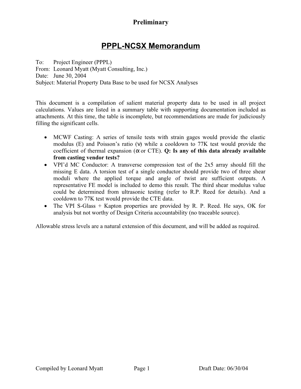 PPPL-NCSX Memorandum