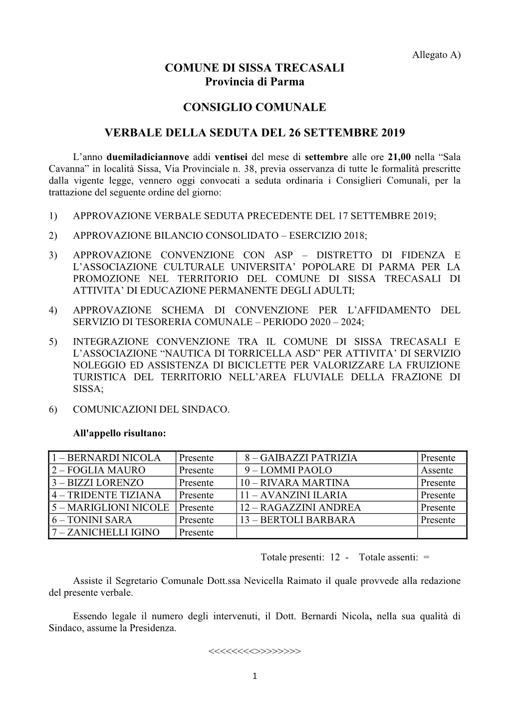 COMUNE DI SISSA TRECASALI Provincia Di Parma CONSIGLIO