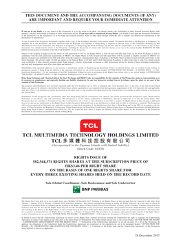 TCL MULTIMEDIA TECHNOLOGY HOLDINGS LIMITED TCL 多媒體科技控股有限公司 (Incorporated in the Cayman Islands with Limited Liability) (Stock Code: 01070)