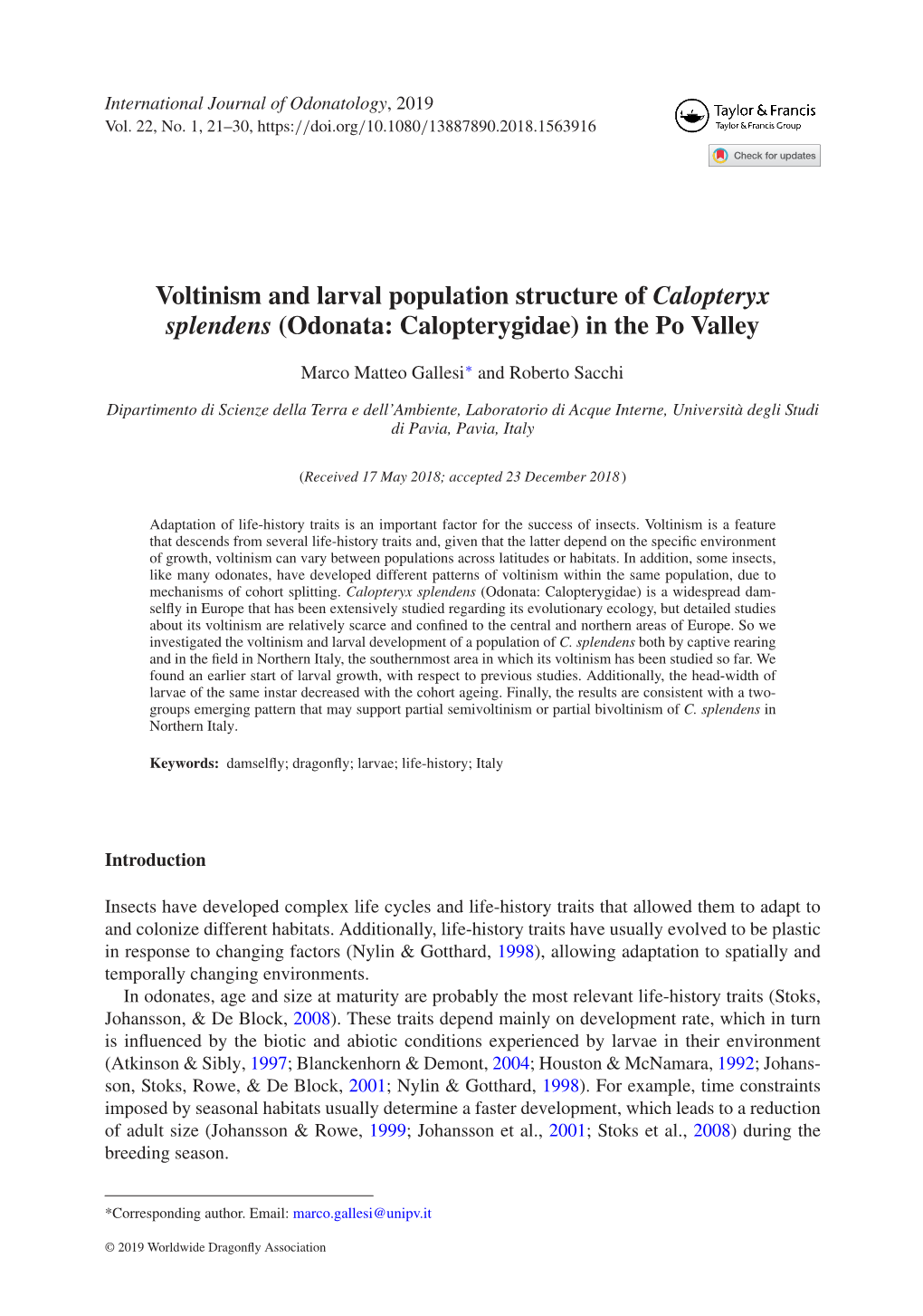 Voltinism and Larval Population Structure of Calopteryx Splendens (Odonata: Calopterygidae) in the Po Valley