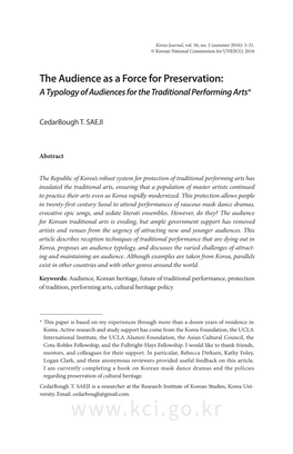 The Audience As a Force for Preservation: a Typology of Audiences for the Traditional Performing Arts*