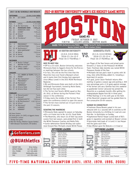 BU SCHEDULE and RESULTS 2017-18 BOSTON UNIVERSITY MEN’S ICE HOCKEY GAME NOTES SEPTEMBER (1-0-0, 0-0-0 HEA) Sat