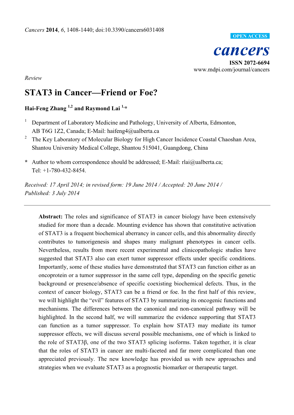 STAT3 in Cancer—Friend Or Foe?