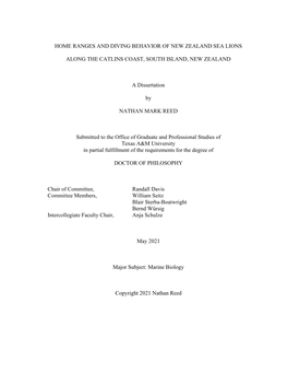 HOME RANGES and DIVING BEHAVIOR of NEW ZEALAND SEA LIONS ALONG the CATLINS COAST, SOUTH ISLAND, NEW ZEALAND a Dissertation by NA