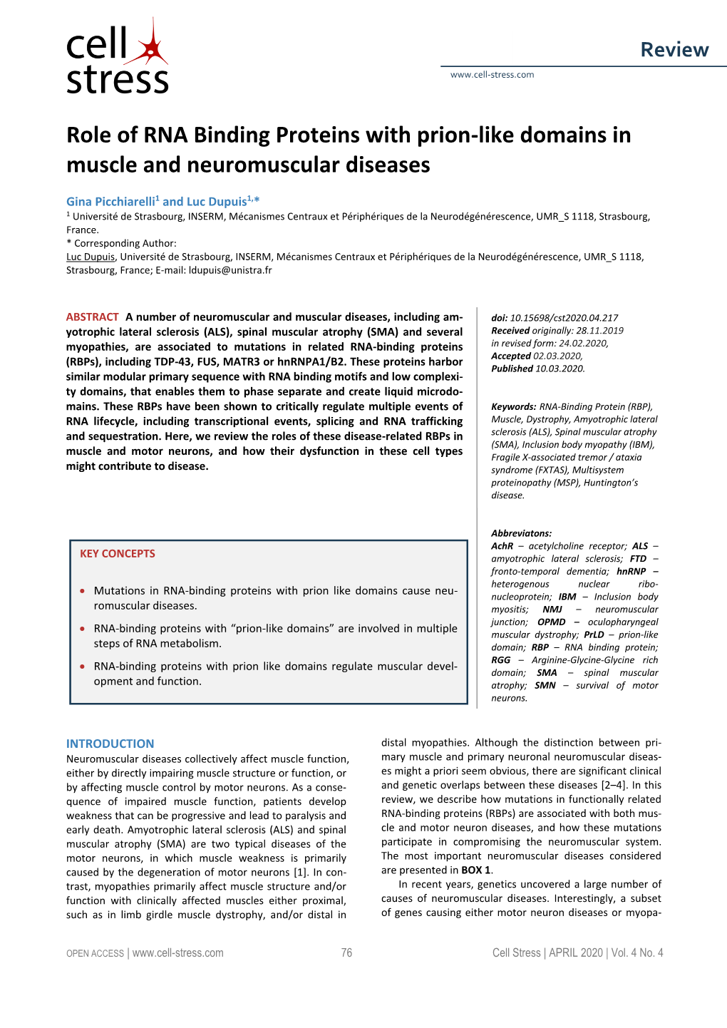 Role of RNA Binding Proteins with Prion-Like Domains in Muscle and Neuromuscular Diseases