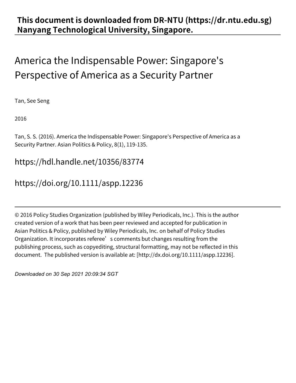 Singapore's Perspective of America As a Security Partner