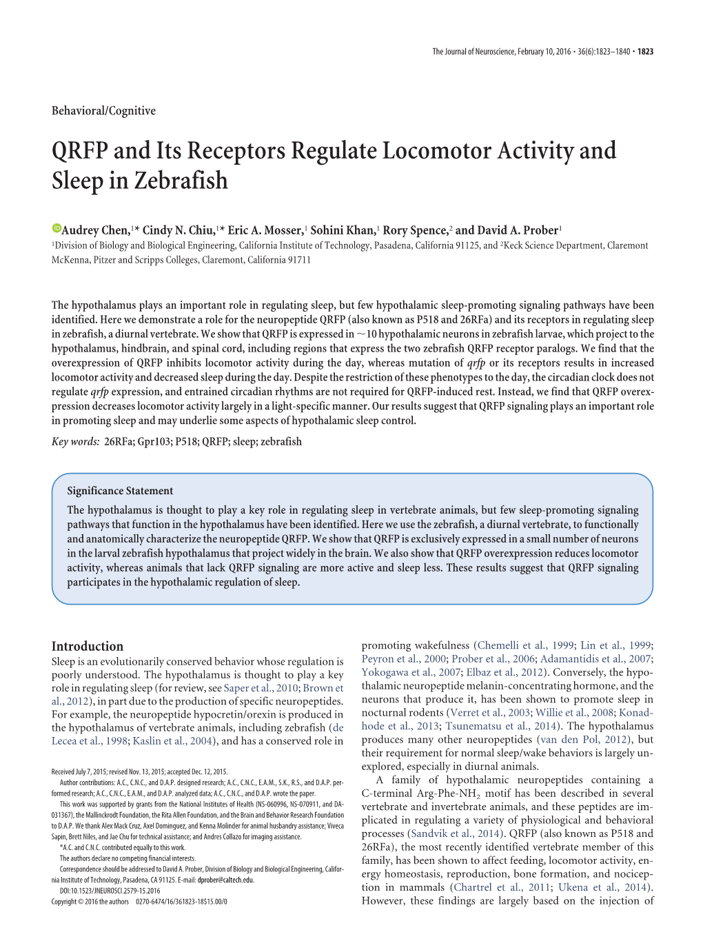 QRFP and Its Receptors Regulate Locomotor Activity and Sleep in Zebrafish