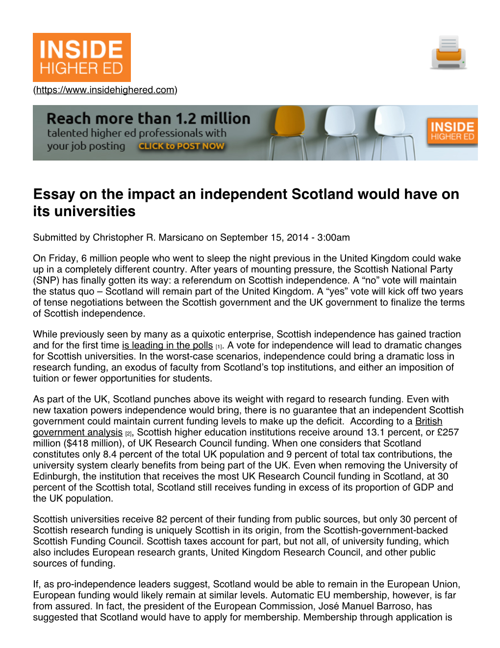 Essay on the Impact an Independent Scotland Would Have on Its Universities