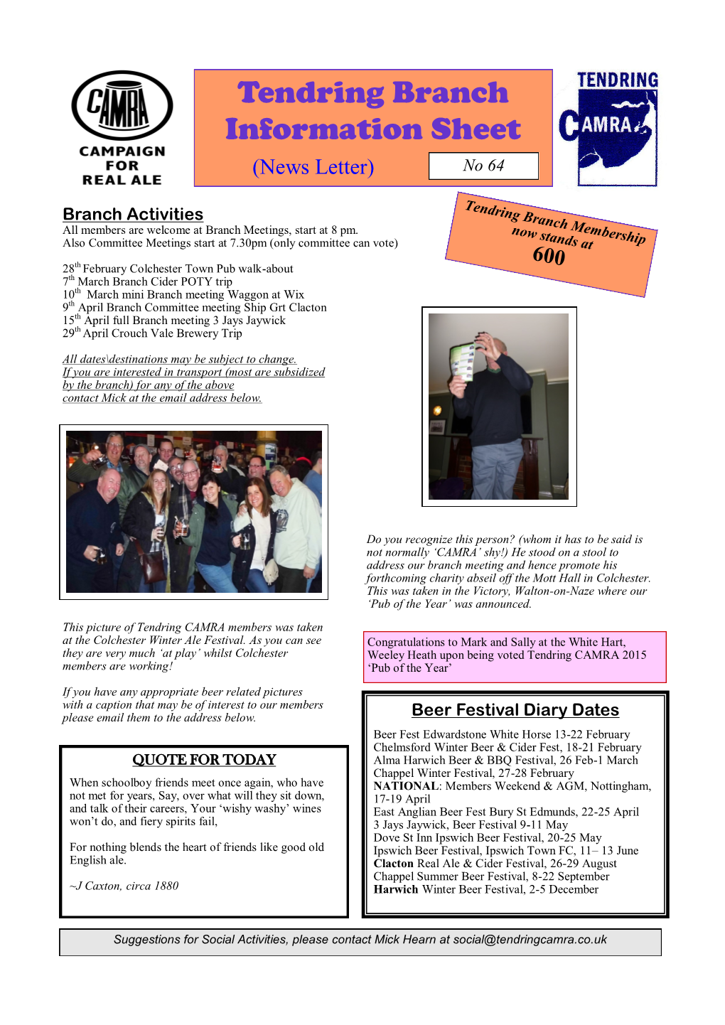 Tendring Branch Information Sheet (News Letter) No 64