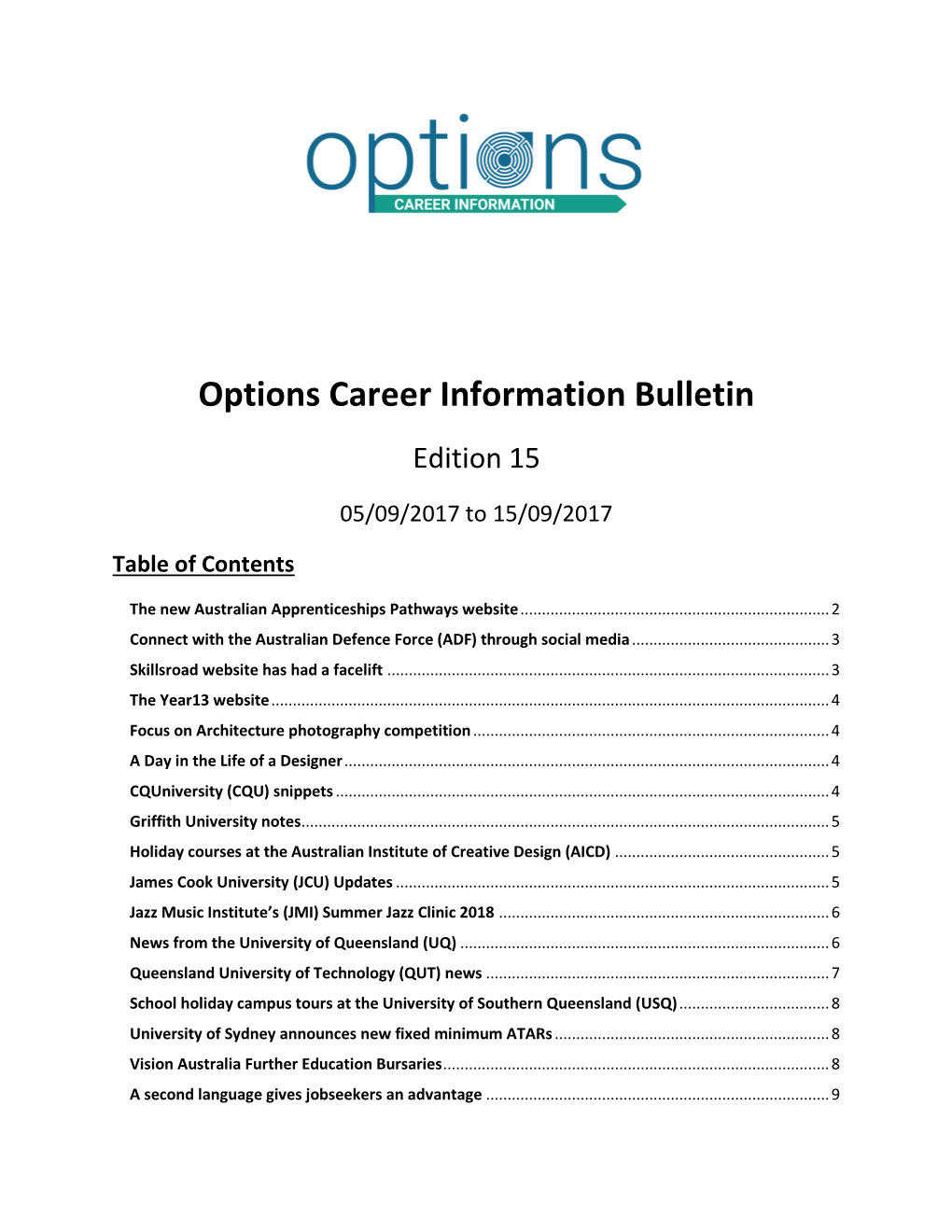 Options Career Information Bulletin Edition 15