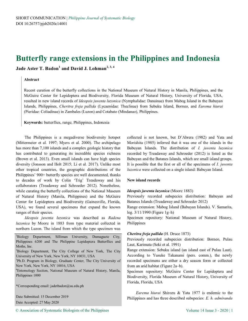 Butterfly Range Extensions in the Philippines and Indonesia Jade Aster T