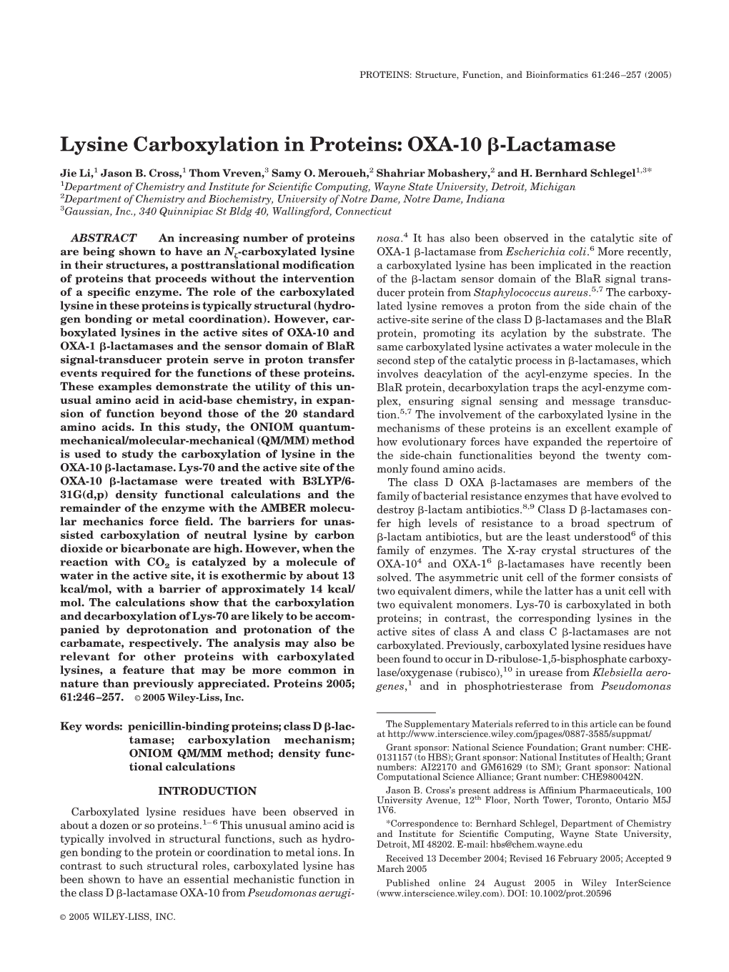 Lysine Carboxylation in Proteins: OXA-10 ␤-Lactamase