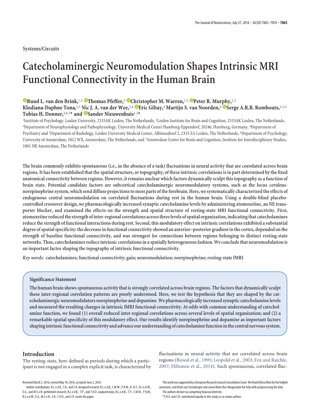 Catecholaminergic Neuromodulation Shapes Intrinsic MRI Functional Connectivity in the Human Brain