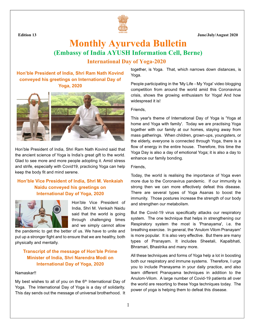 Monthly Ayurveda Bulletin (Embassy of India AYUSH Information Cell, Berne)