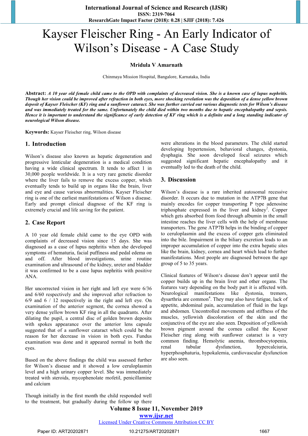 Kayser Fleischer Ring - an Early Indicator of Wilson’S Disease - a Case Study